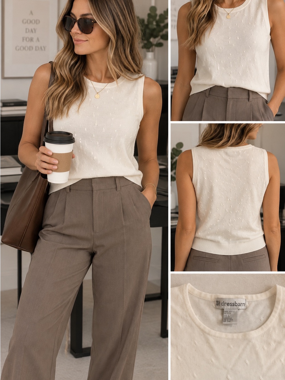 dressbarn Cream Textured Sleeveless Knit Tank